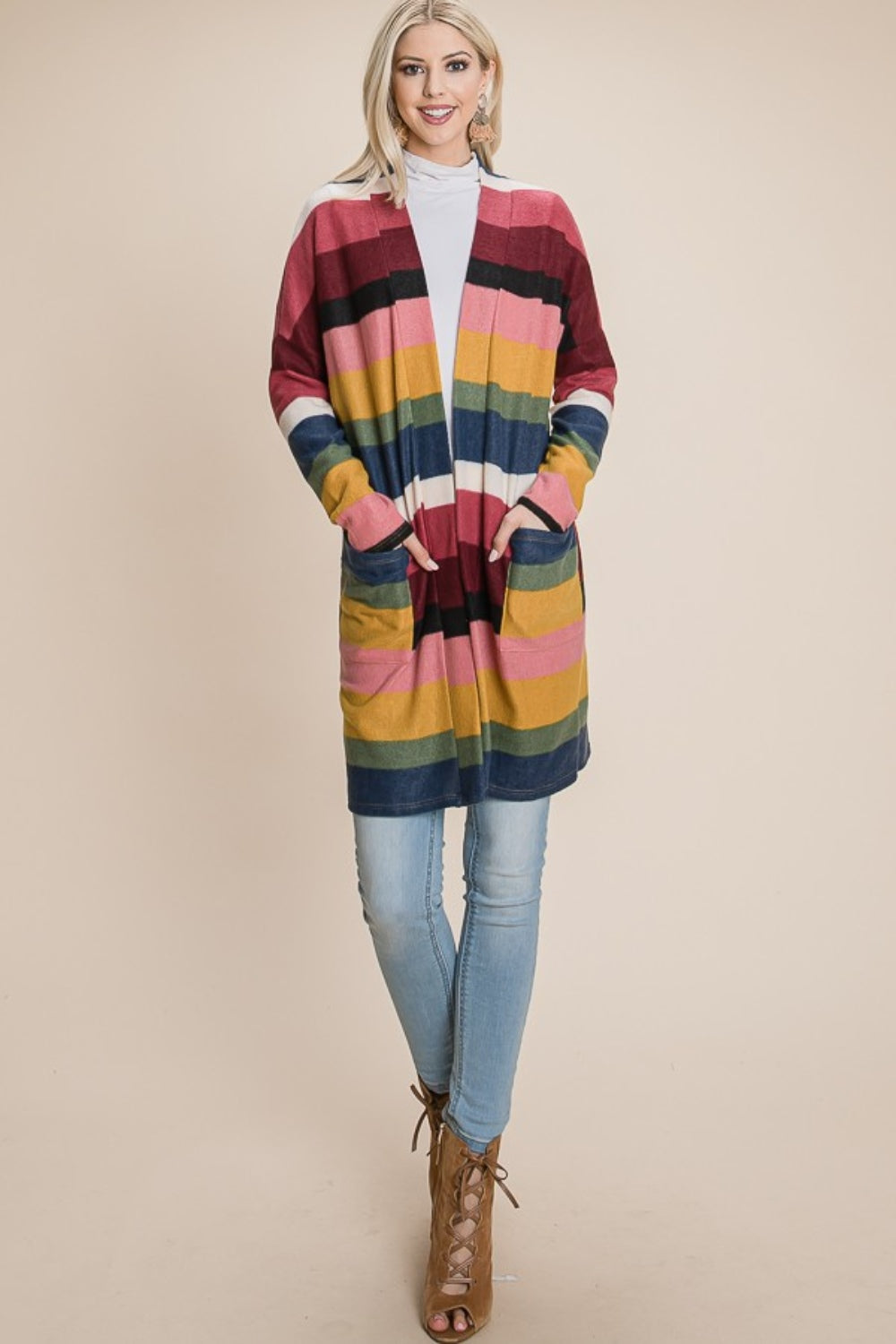 BOMBOM Color Block Striped Open Front Cardigan  Trendsi   