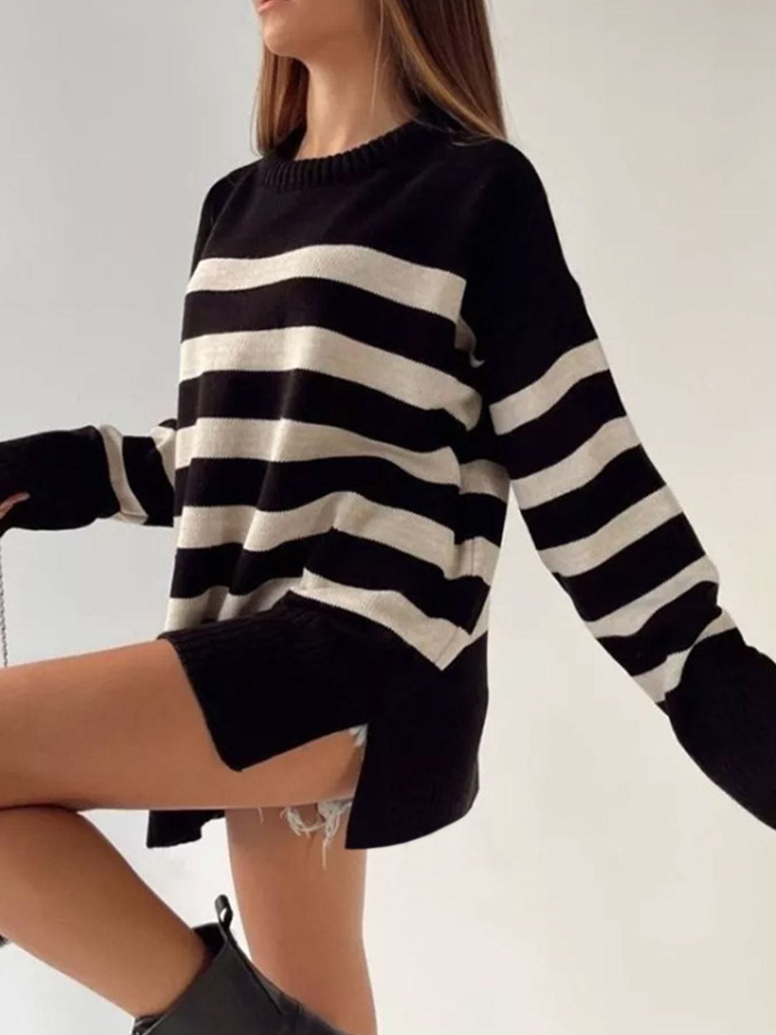 Slit Striped Round Neck Sweater  Trendsi Black S 