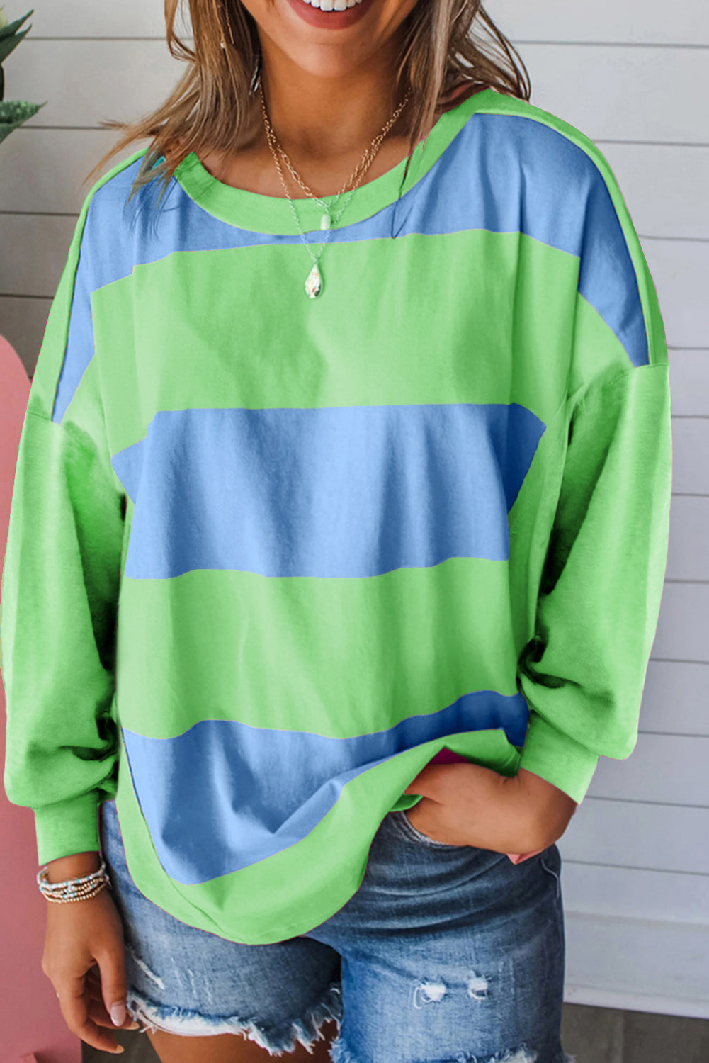 Color Block Round Neck Long Sleeve Top  Trendsi Neon Green S 