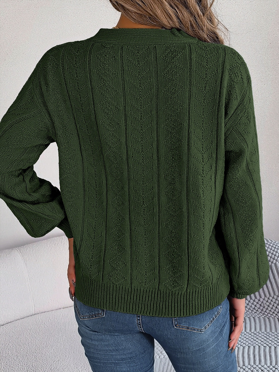 Cable-Knit V-Neck Long Sleeve Sweater  Trendsi   