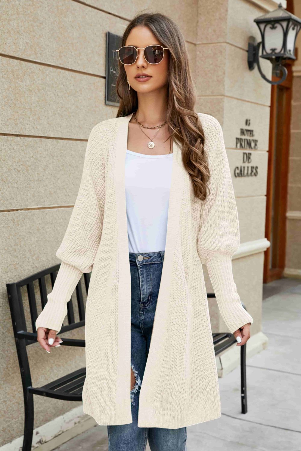 Open Front Lantern Sleeve Cardigan  Trendsi Cream S 