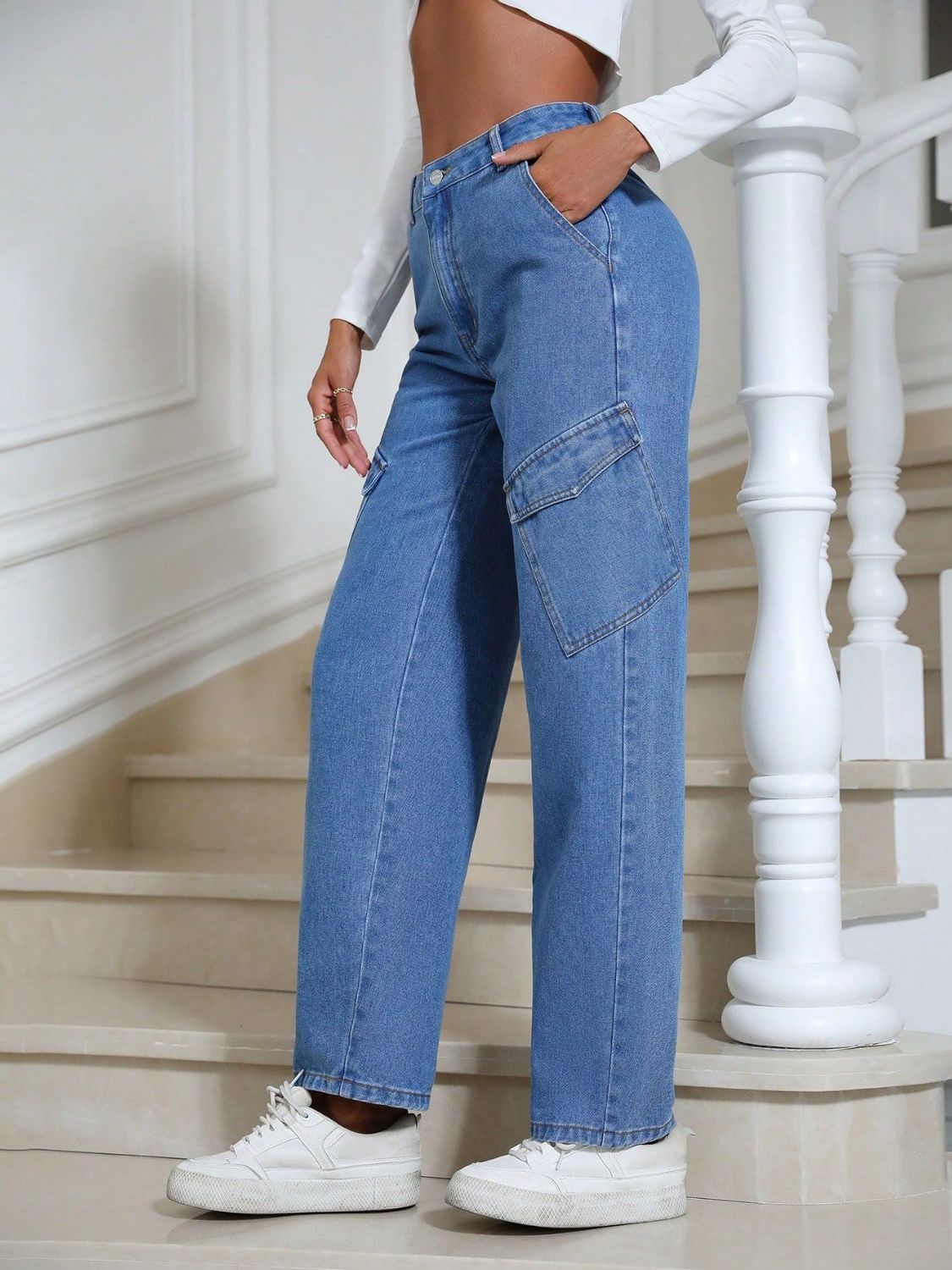 High Waist Straight Leg Jeans with Pockets  Trendsi   