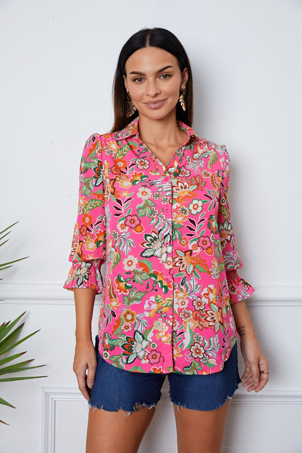 Floral Button Up Flounce Sleeve Shirt Blouse Trendsi   