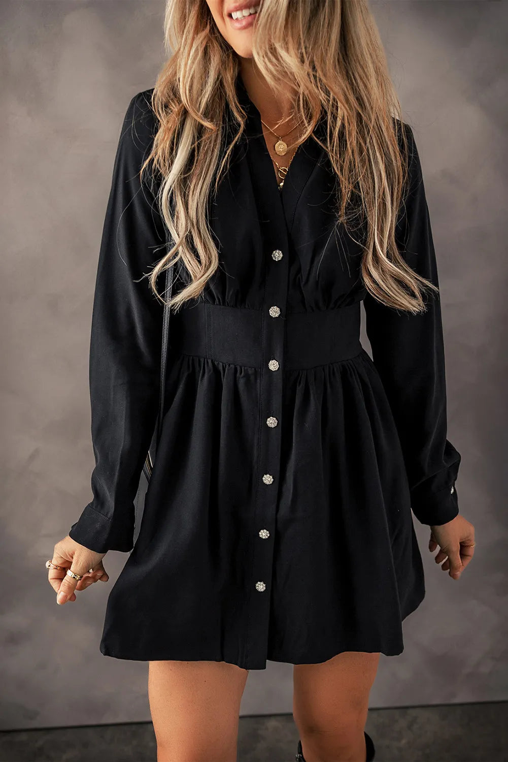 Ruched Button Up Long Sleeve Dress  Trendsi Black S 