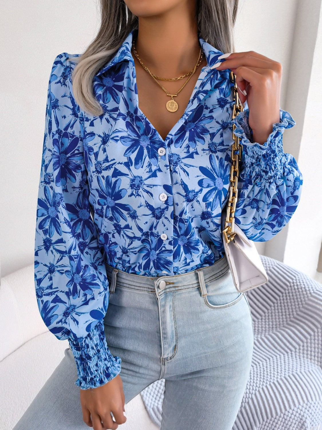 Floral Collared Neck Long Sleeve Shirt Blouse Trendsi   