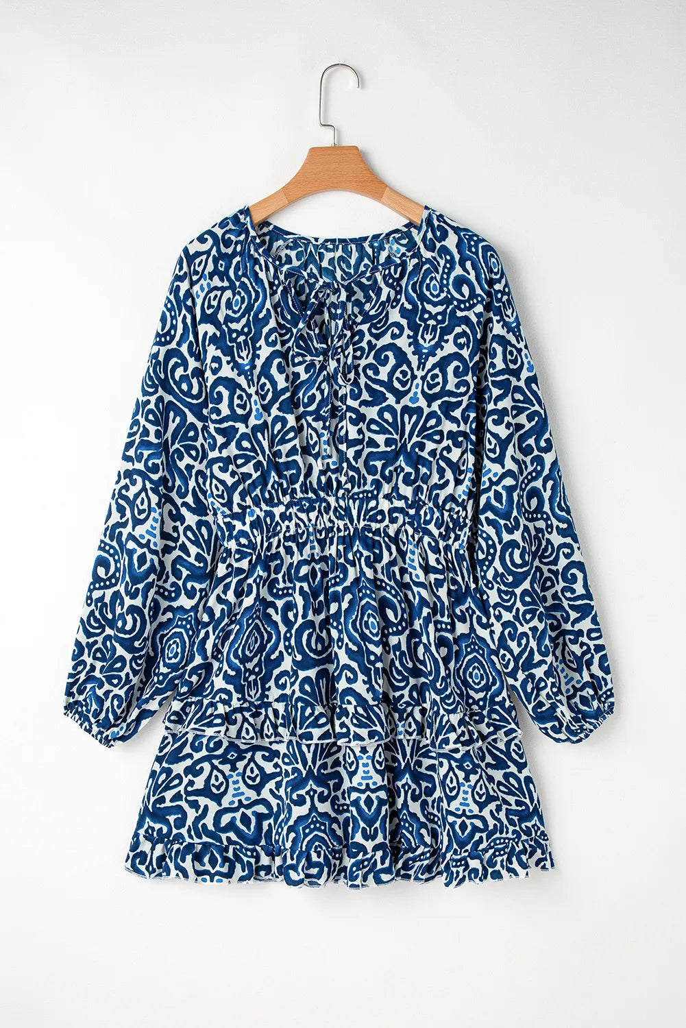 Printed Tie Neck Long Sleeve Dress  Trendsi   