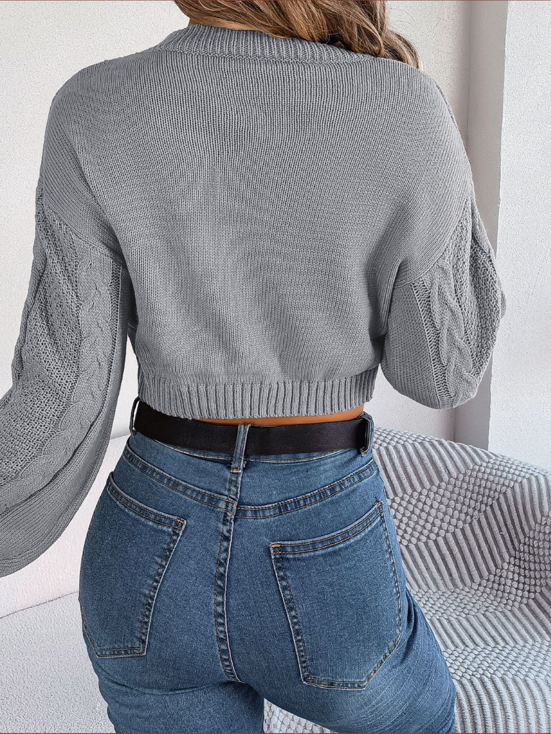 Cable-Knit Round Neck Cropped Sweater  Trendsi   