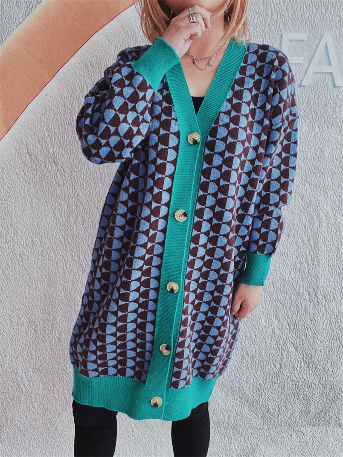 Contrast Trim Geometric Button Down Cardigan  Trendsi   