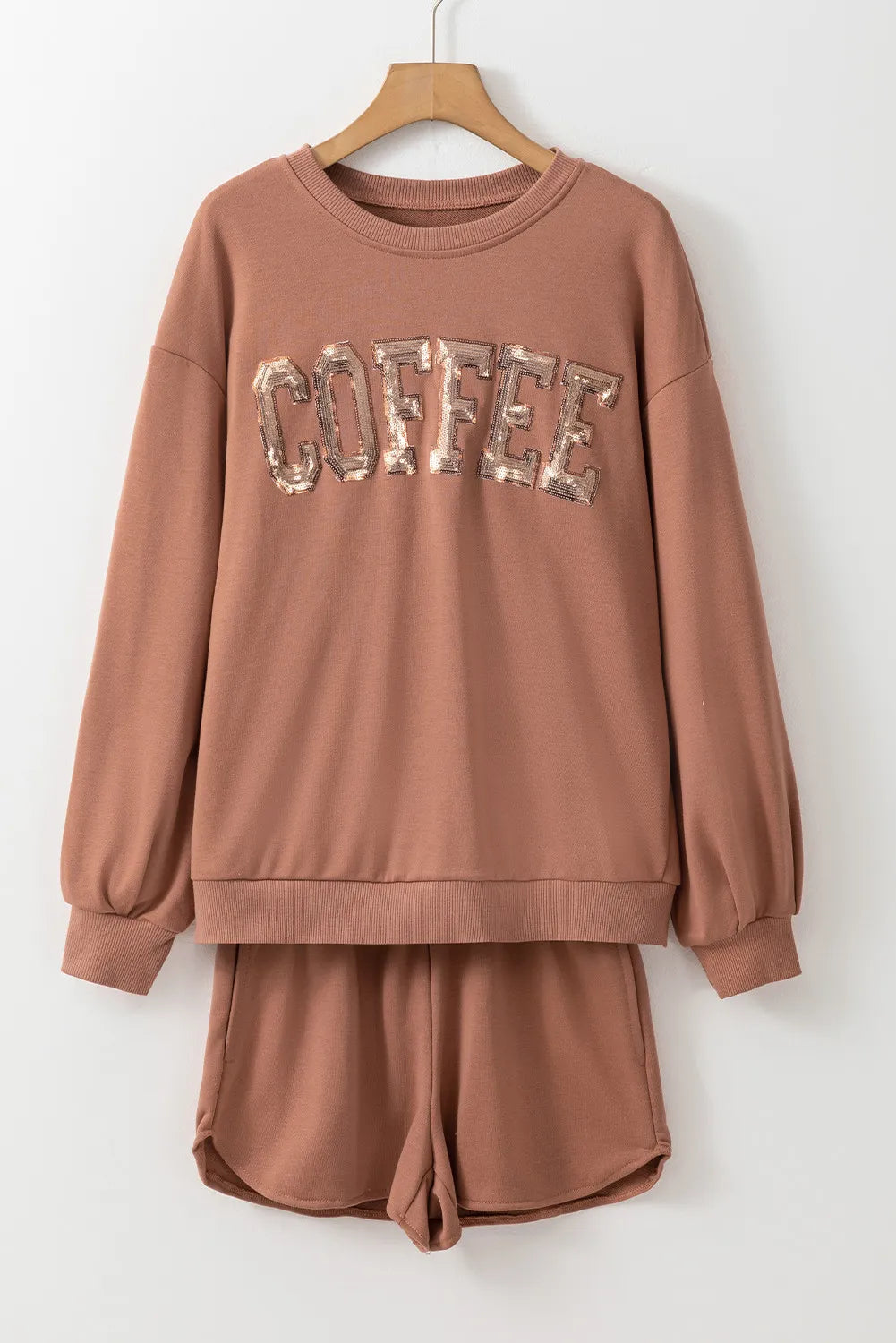 COFFEE Sequin Round Neck Long Sleeve Top and Shorts Set  Trendsi   