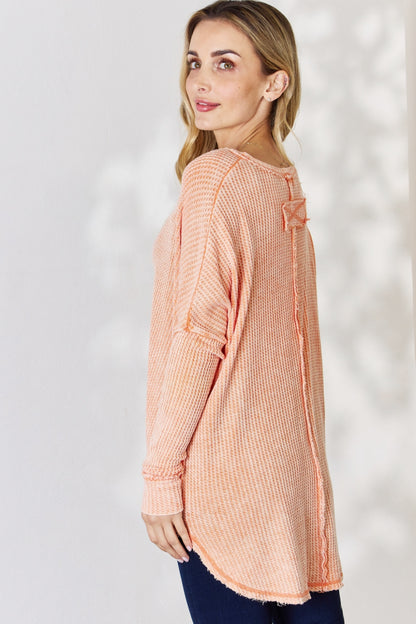 Zenana Oversized Washed Waffle Long Sleeve Top Blouse Trendsi   