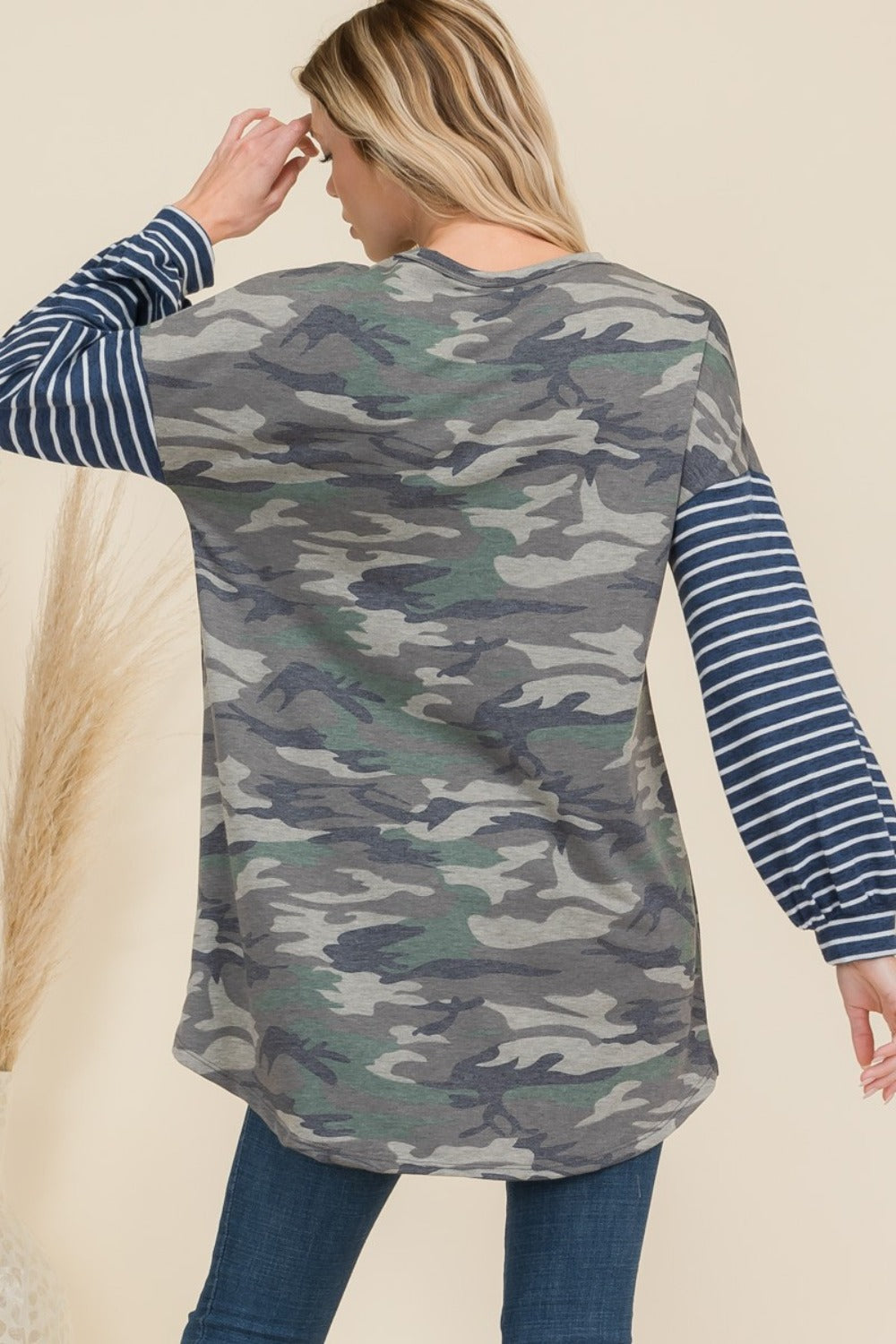 Celeste Full Size Camo Print High-Low T-Shirt with Stripe Sleeves  Trendsi   