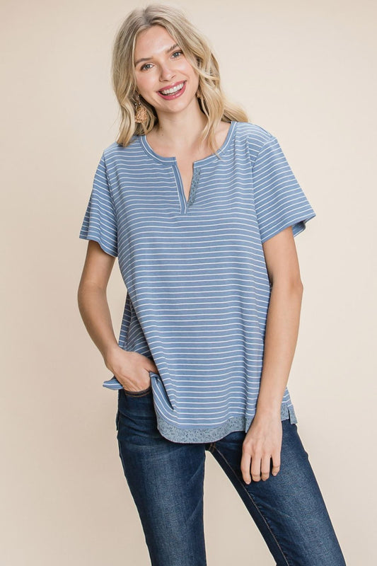 Cotton Bleu by Nu Lab Slit Striped Notched Short Sleeve T-Shirt  Trendsi Denim S 