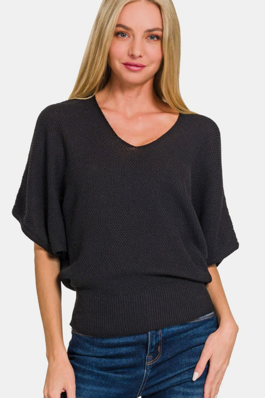 Zenana V-Neck Short Sleeve Dolman Sweater  Trendsi Black S 