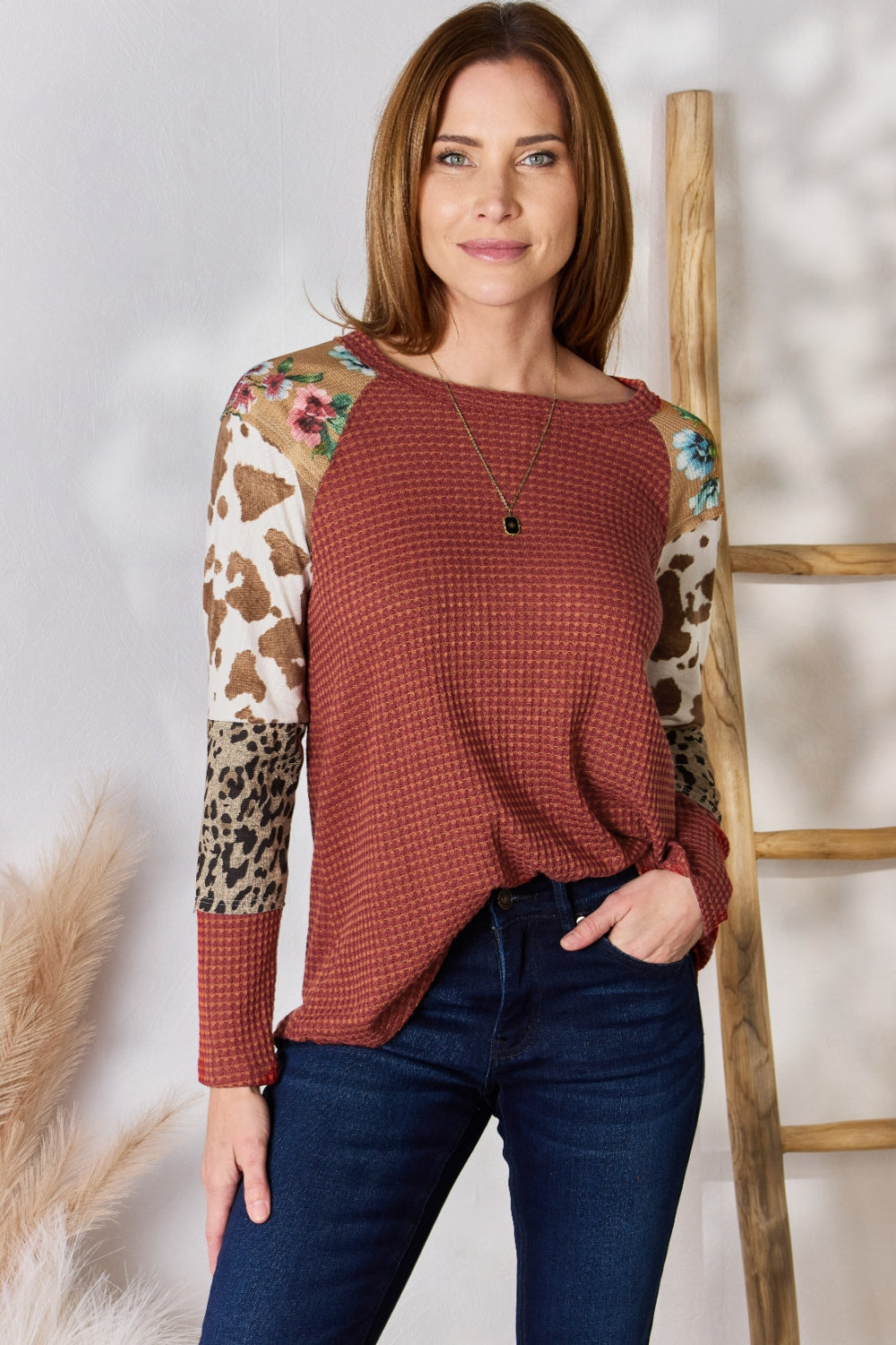 Hailey & Co Full Size Leopard Waffle-Knit Blouse  Trendsi   