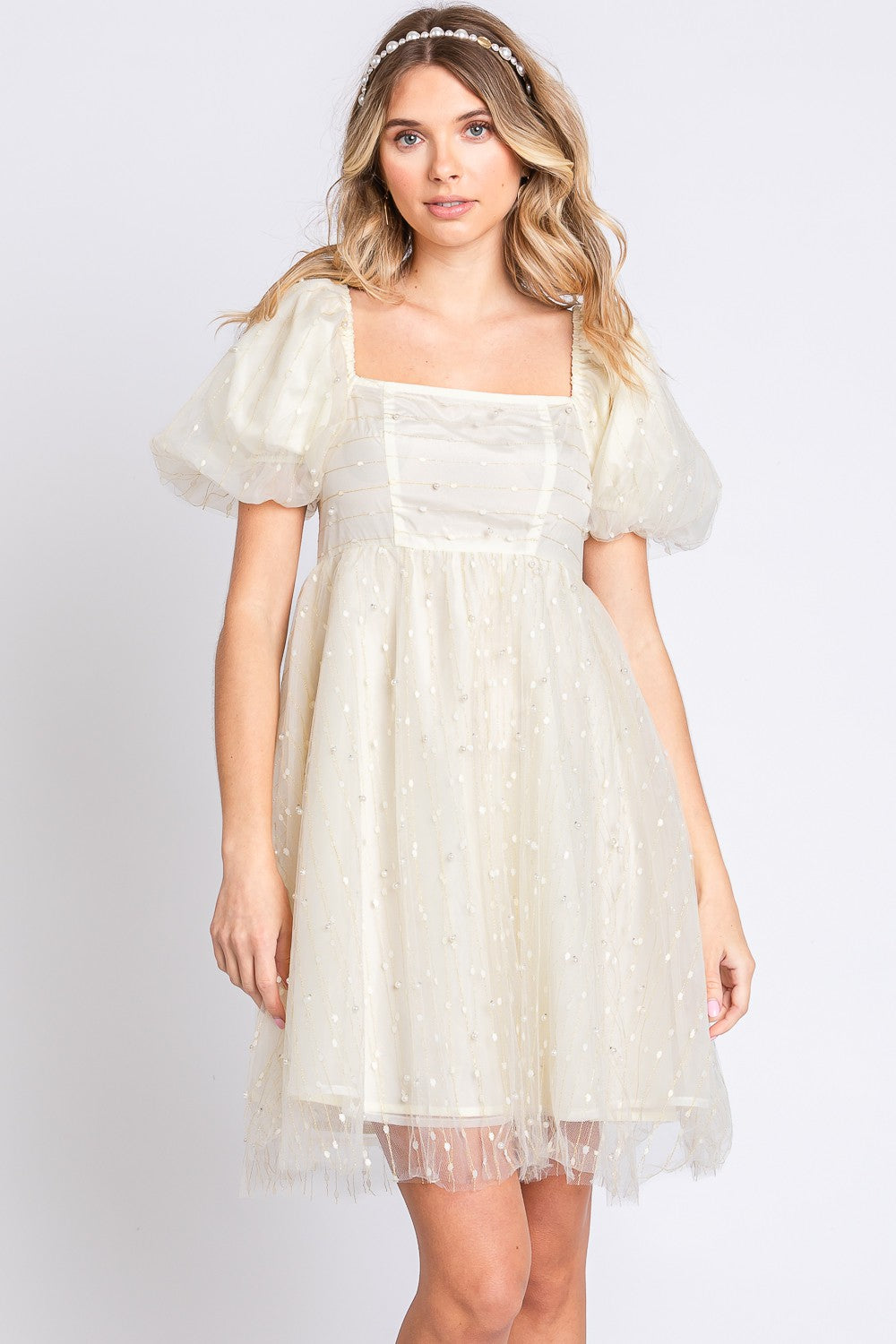 GeeGee Pearl Mesh Puff Sleeve Babydoll Dress  Trendsi   