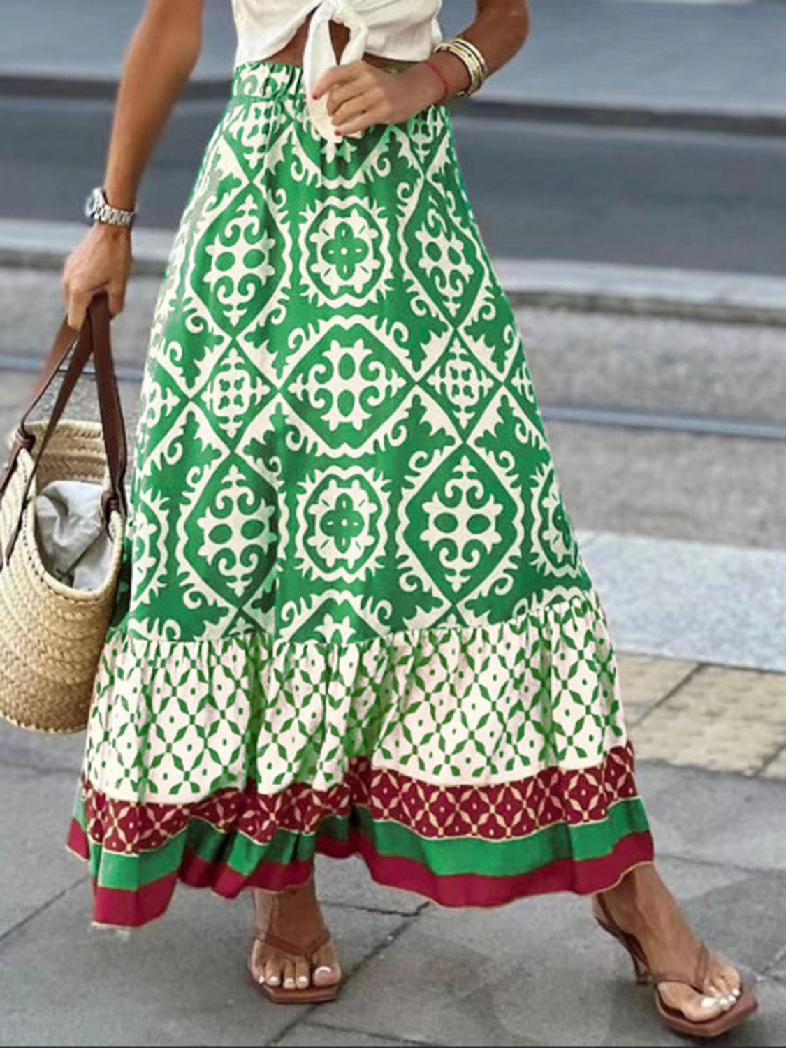 Geometric Elastic Waist Maxi Skirt  Trendsi Green S 