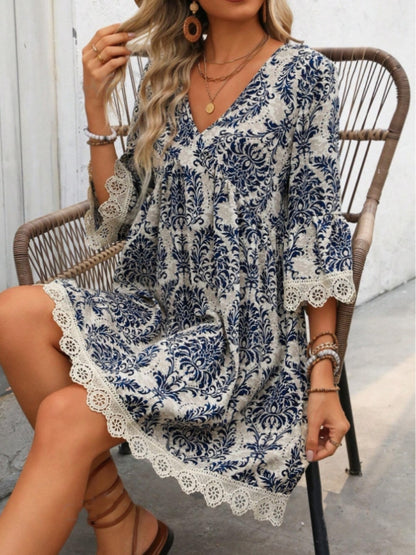 Lace Detail Printed V-Neck Mini Dress  Trendsi   