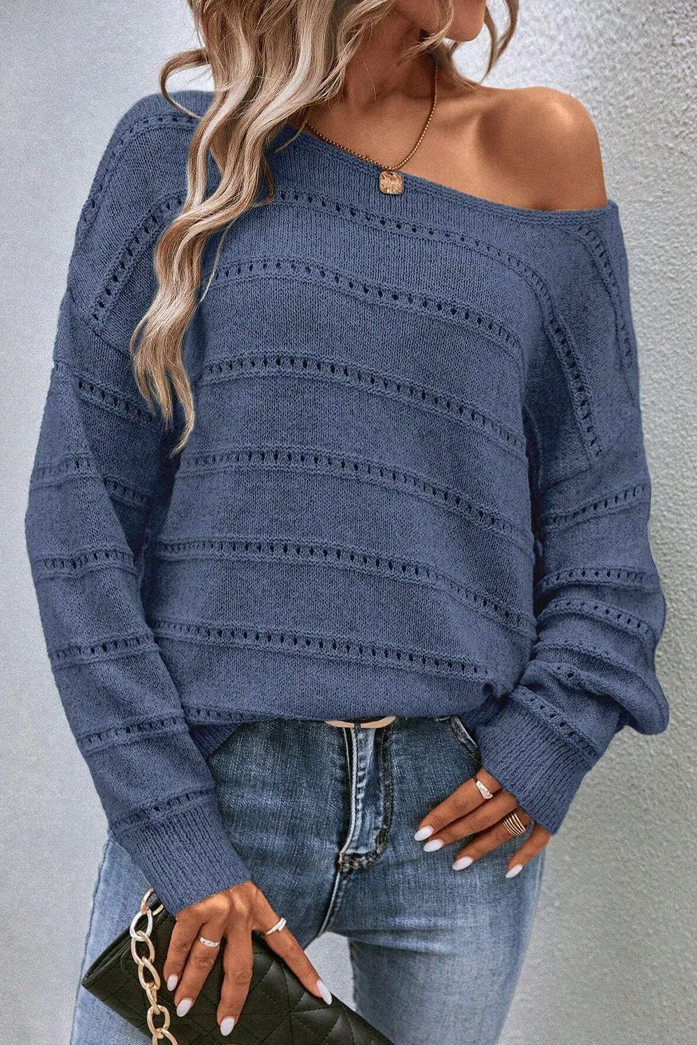 Boat Neck Dropped Shoulder Sweater  Trendsi French Blue S 