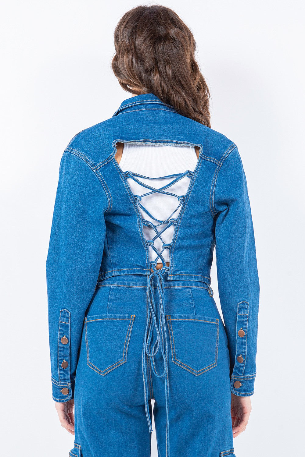 American Bazi Laced Back Cropped Denim Jacket  Trendsi   