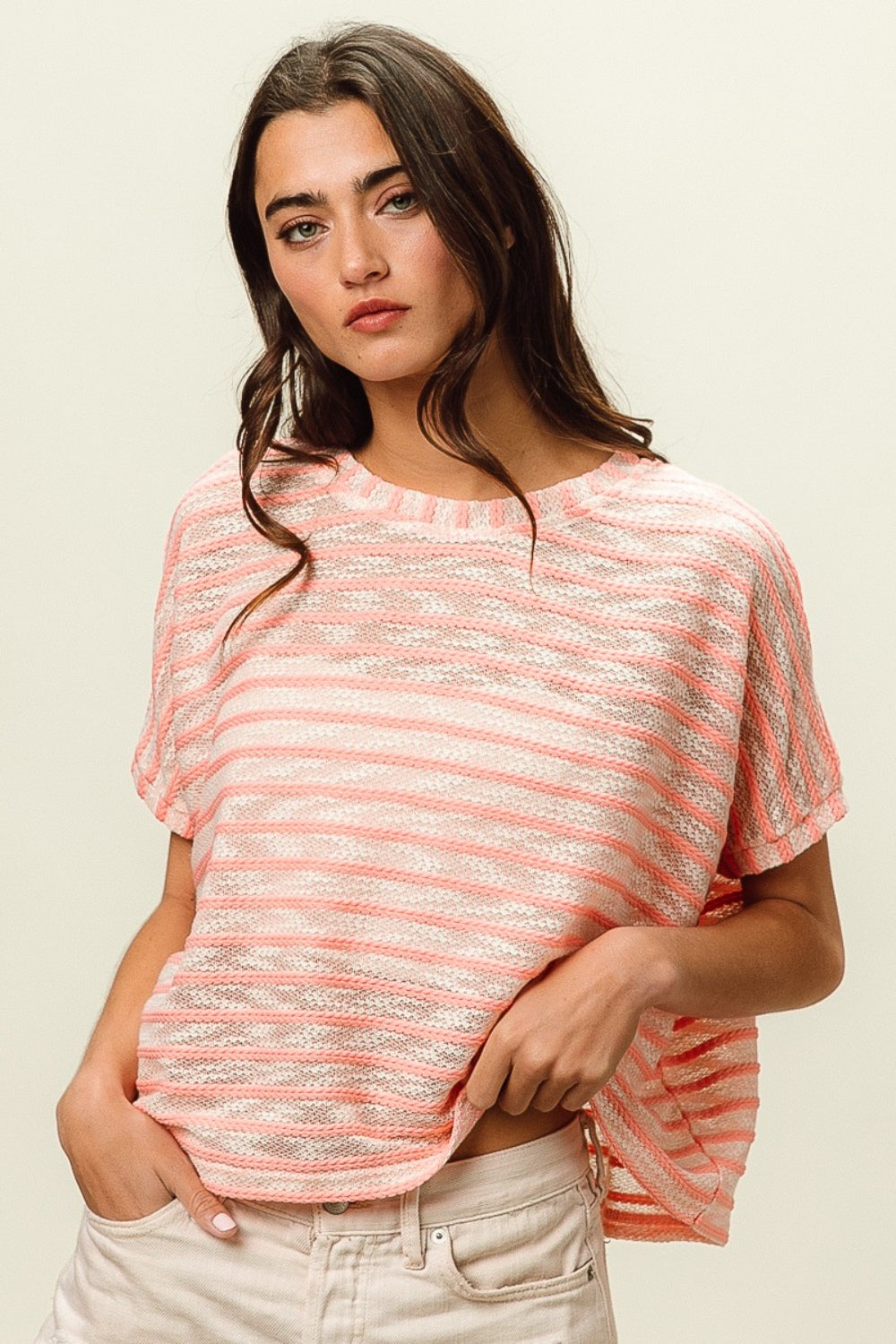 BiBi Braid Striped Short Sleeve Round Neck T-Shirt  Trendsi   