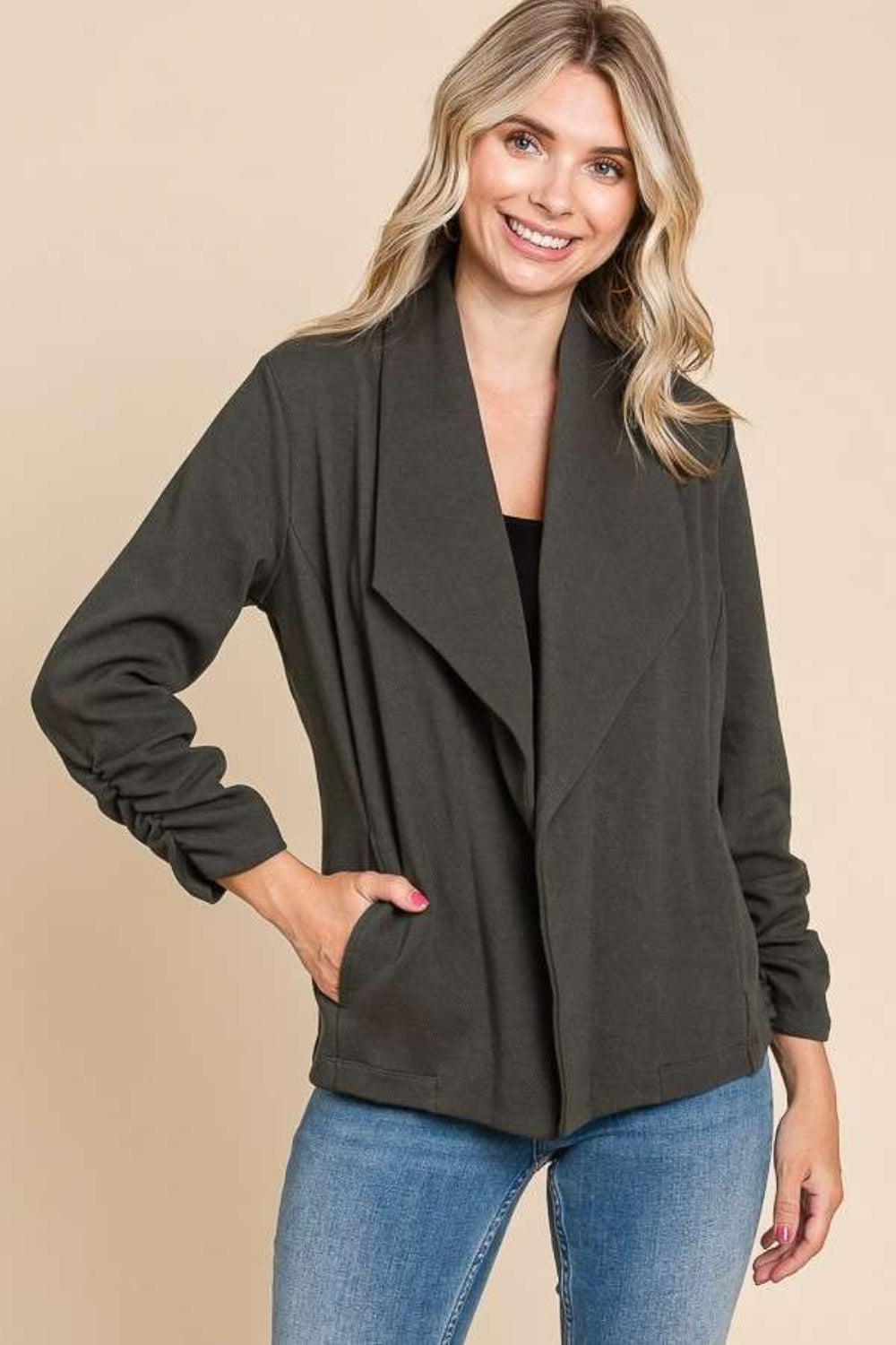 Culture Code Full Size Ruched Open Front Long Sleeve Jacket  Trendsi   