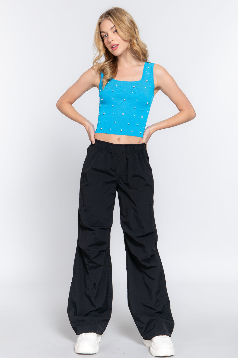 ACTIVE BASIC Pearl Detail Square Neck Cropped Tank  Trendsi   