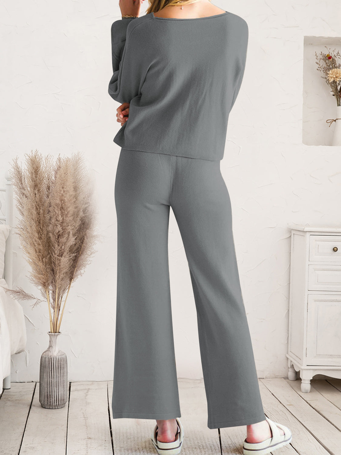 Long Sleeve Lounge Top and Drawstring Pants Set  Trendsi   