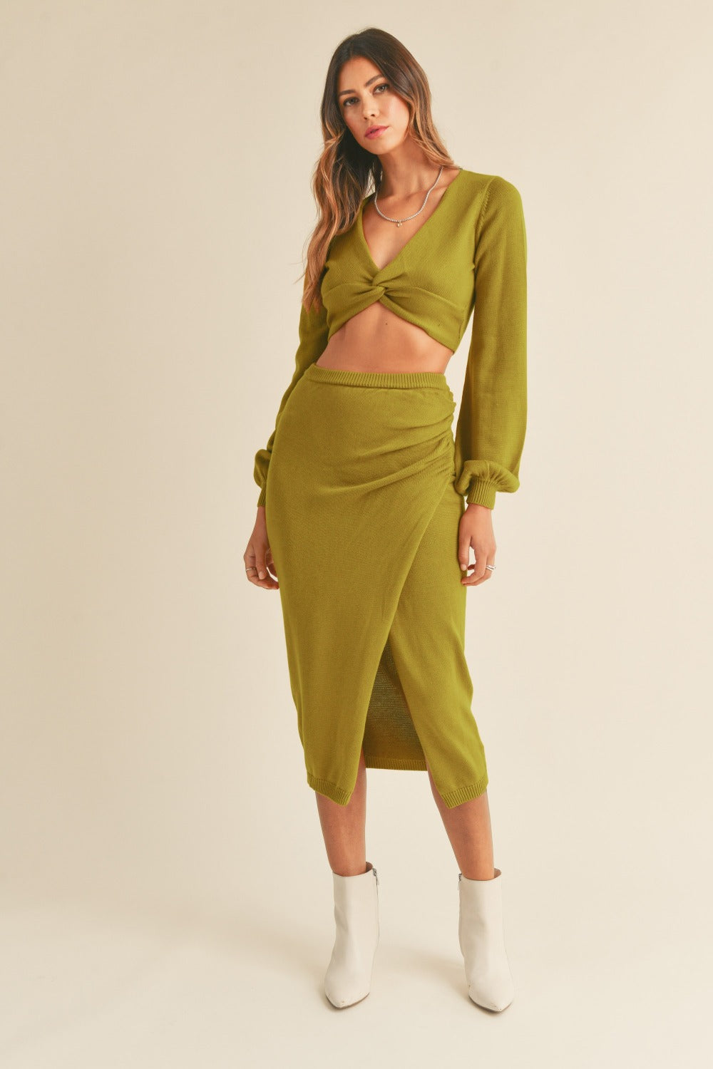 MABLE Front Twisted Knit Top and Midi Skirt Set Set Trendsi Moss Green S 