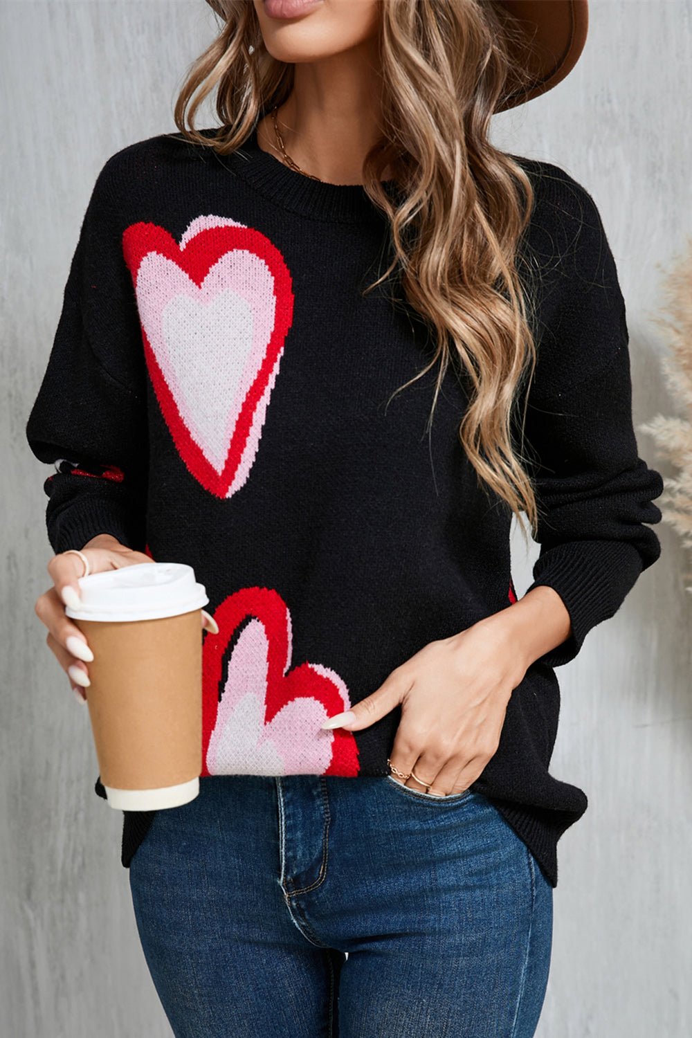 Angel Wings Heart Round Neck Long Sleeve Sweater  Trendsi Black S 