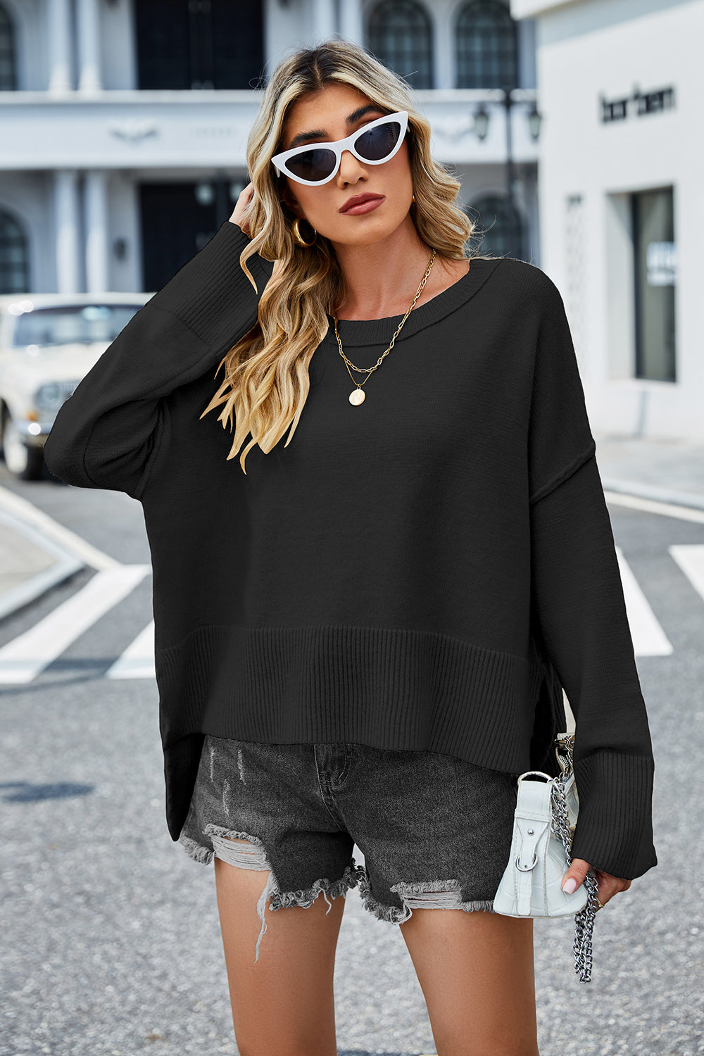 High-Low Slit Round Neck Long Sleeve Sweater  Trendsi Black S 