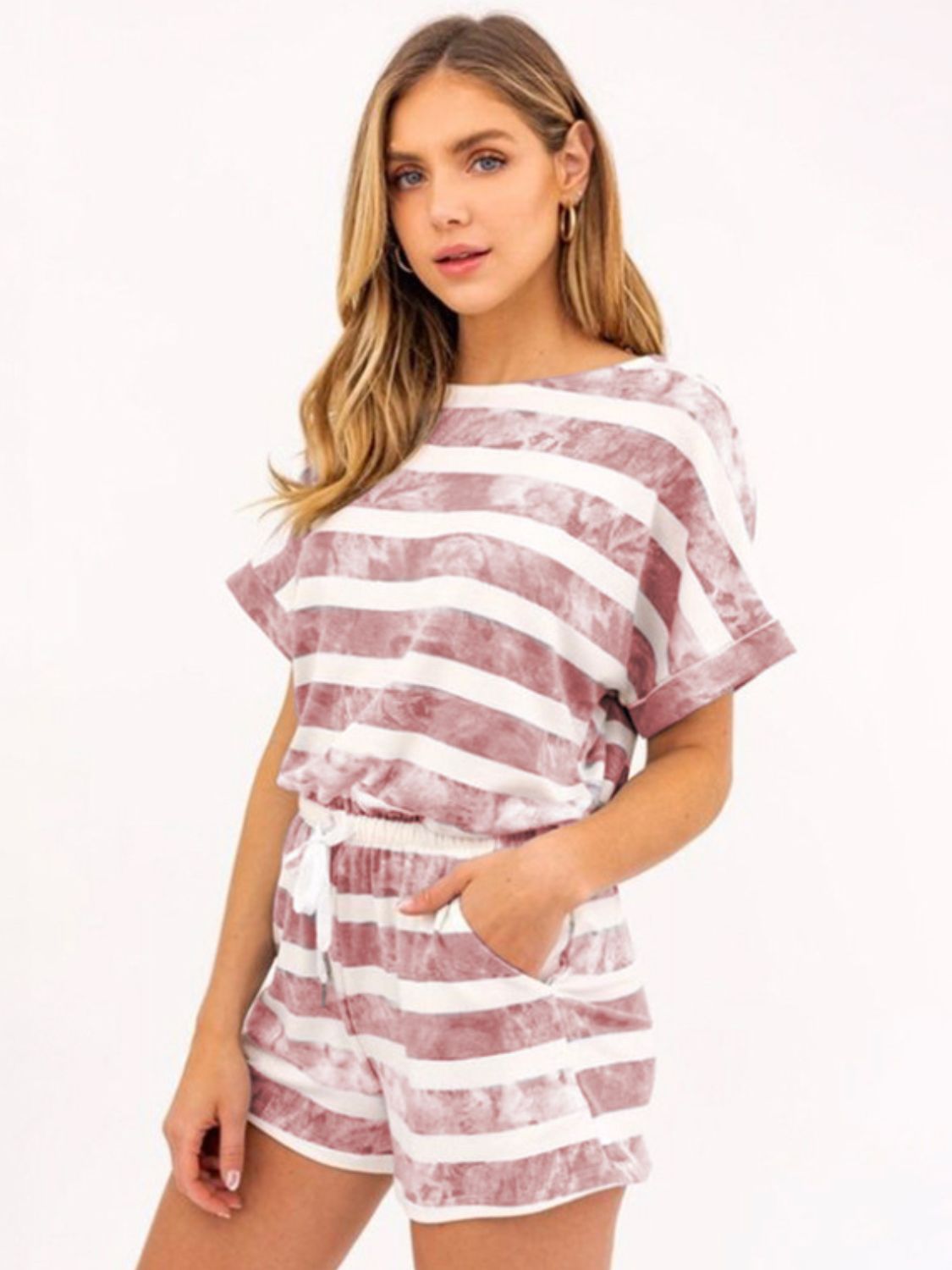 Striped Round Neck Top and Shorts Set  Trendsi Brick-Red S 