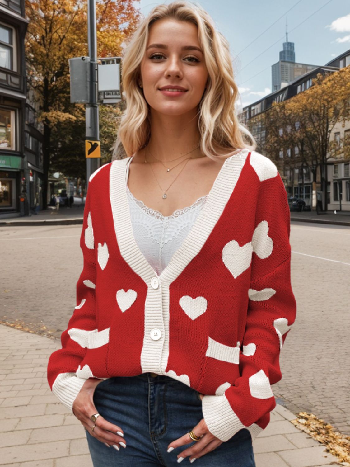 Heart Button Up Dropped Shoulder Long Sleeve Cardigan  Trendsi   