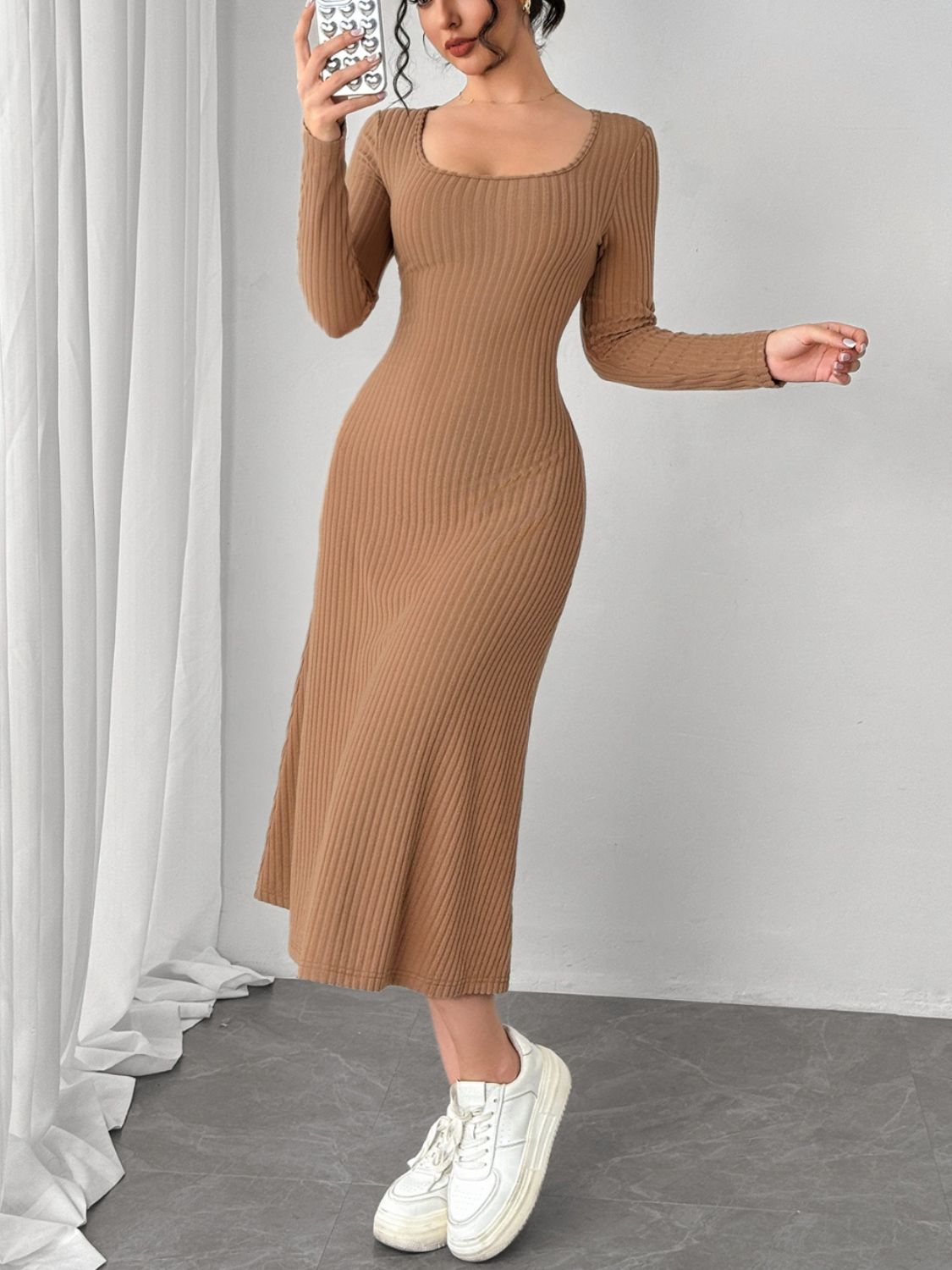 Square Neck Long Sleeve Midi Wrap Dress  Trendsi   