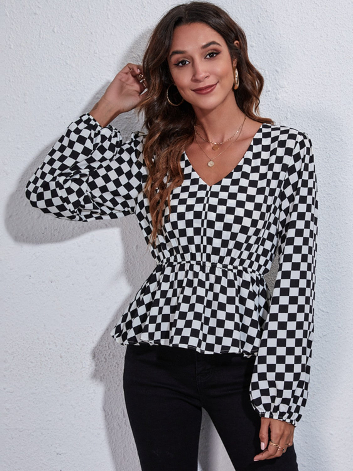 Checkered V-Neck Balloon Sleeve Peplum Blouse Blouse Trendsi   