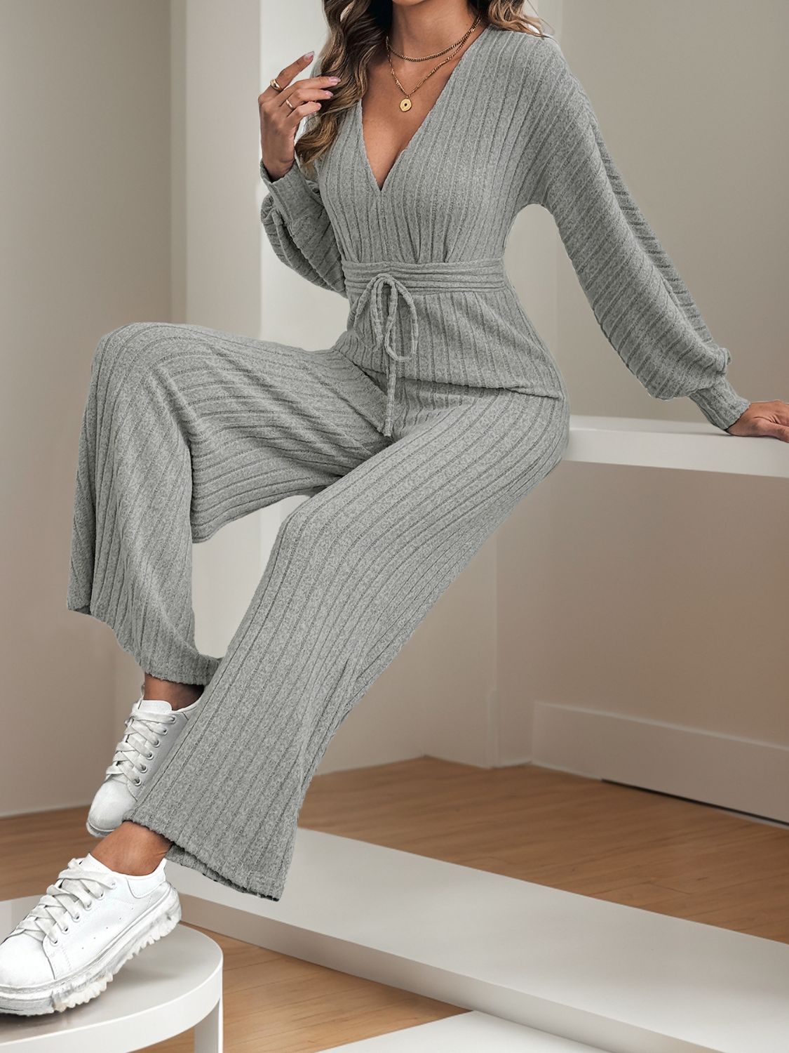 V-Neck Long Sleeve Wide Leg Jumpsuit  Trendsi   