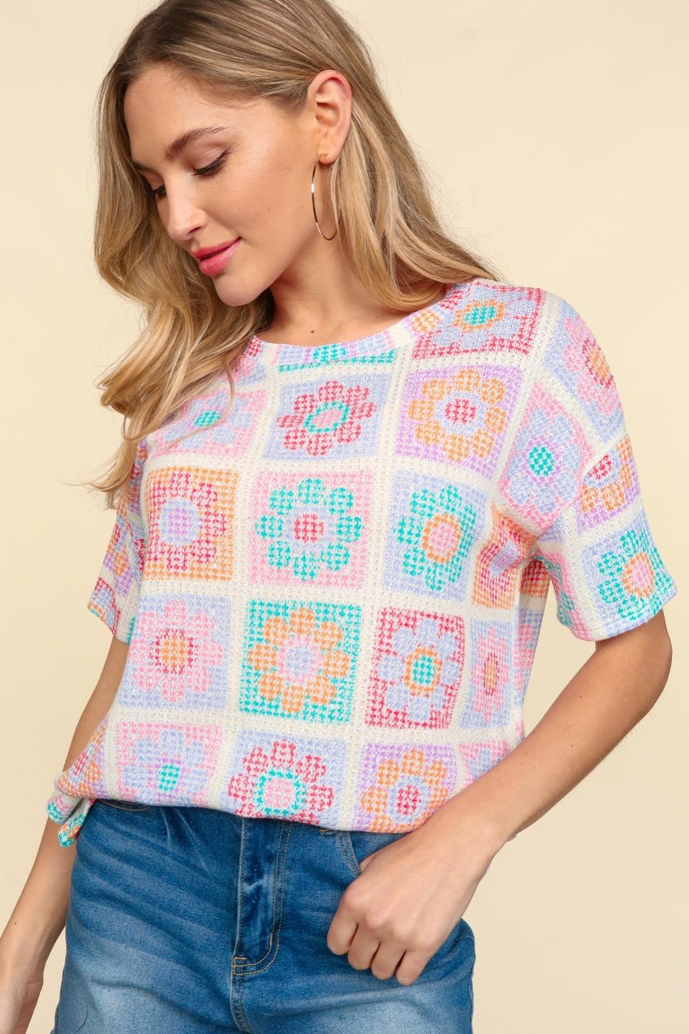 Haptics Flower Print Round Neck Short Sleeve T-Shirt  Trendsi   