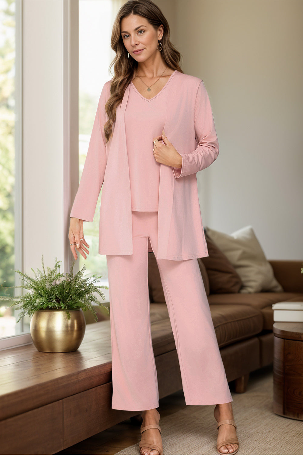 V-Neck Tank, Long Sleeve Cover-Up and Pants Three Piece Set  Trendsi Dusty Pink S 