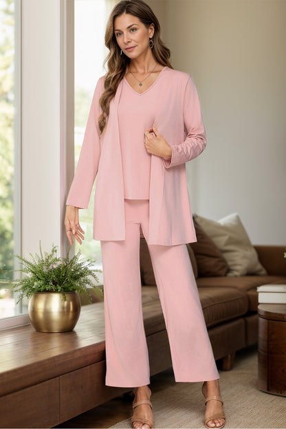 V-Neck Tank, Long Sleeve Cover-Up and Pants Three Piece Set  Trendsi Dusty Pink S 