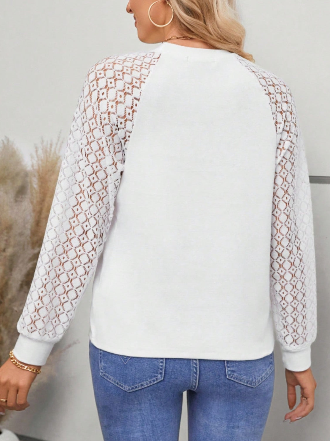 Round Neck Lace Raglan Sleeve Top  Trendsi   