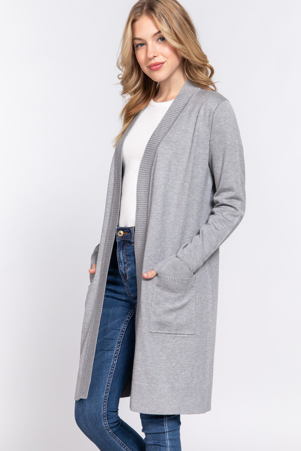 ACTIVE BASIC Open Front Rib Trim Long Sleeve Knit Cardigan  Trendsi   