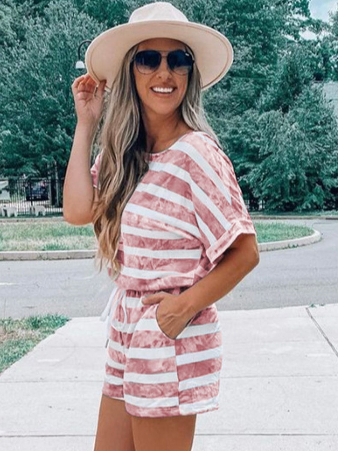 Striped Round Neck Top and Shorts Set  Trendsi   