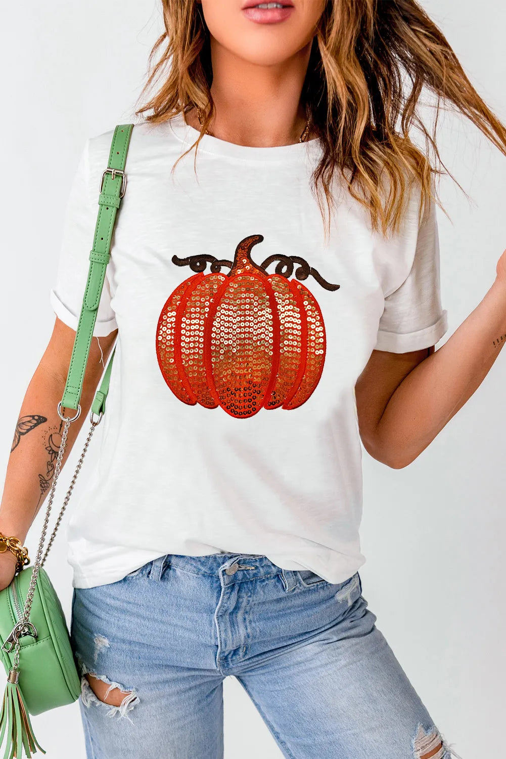 Full Size Sequin Pumpkin Round Neck Short Sleeve T-Shirt T-Shirt Trendsi   