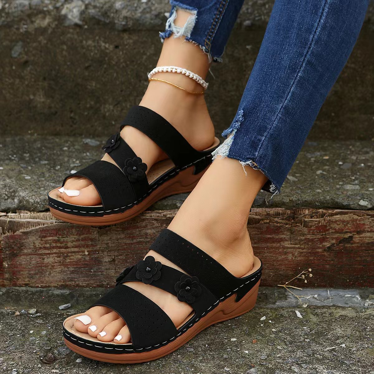 Flower PU Leather Wedge Sandals  Trendsi   