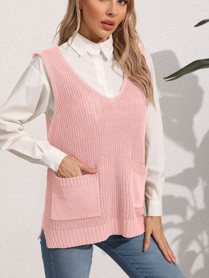 Pocketed V-Neck Sweater Vest  Trendsi   