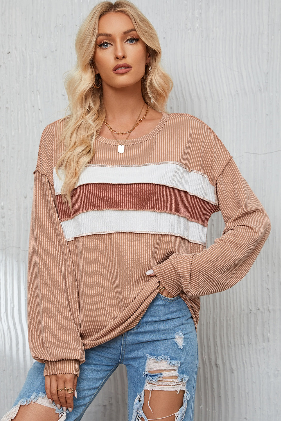 Ribbed Color Block Exposed Seam Round Neck Blouse Blouse Trendsi   