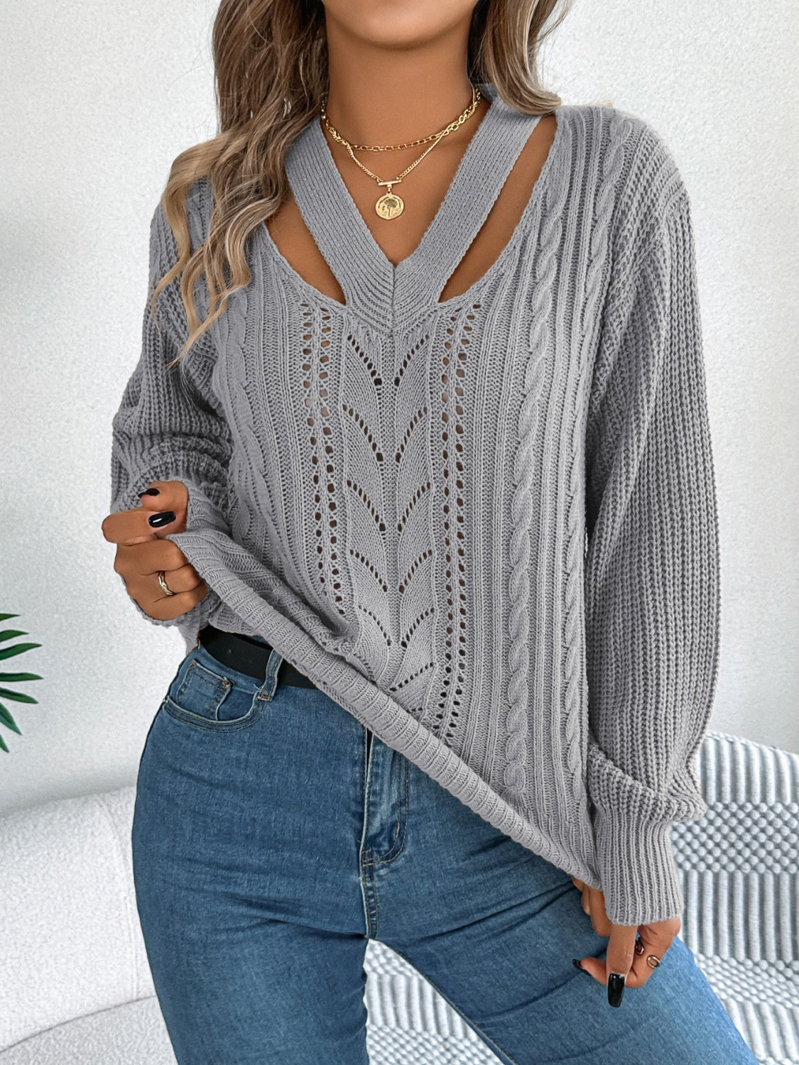 Cutout V-Neck Long Sleeve Sweater  Trendsi Gray S 