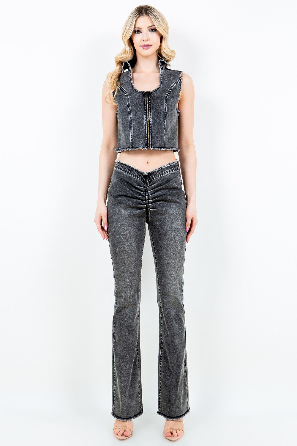 American Bazi Zip Up Washed Crop Denim Vest  Trendsi   