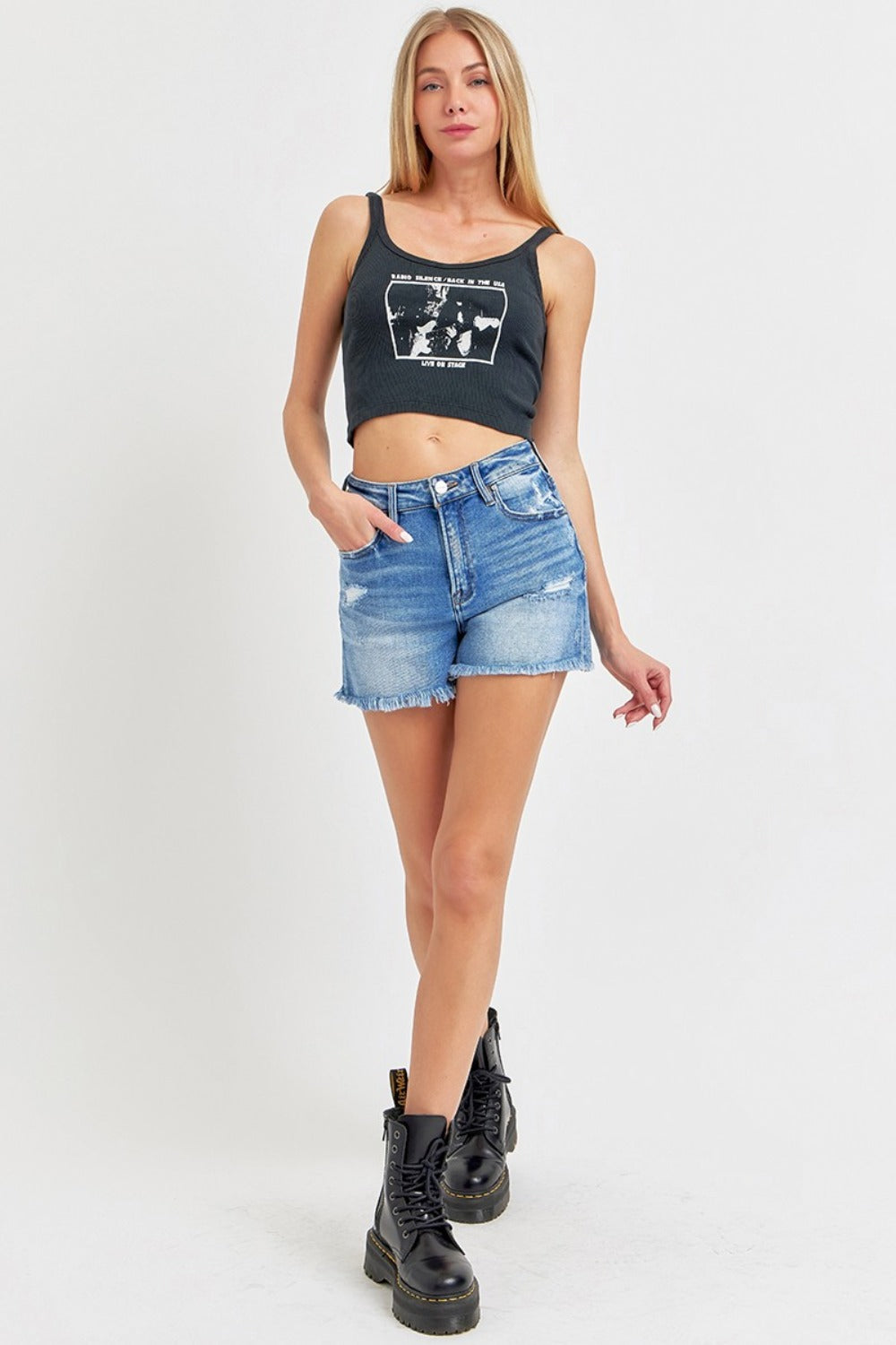 RISEN Full Size High Rise Distressed Raw Hem Denim Shorts Luxe Trendsi   