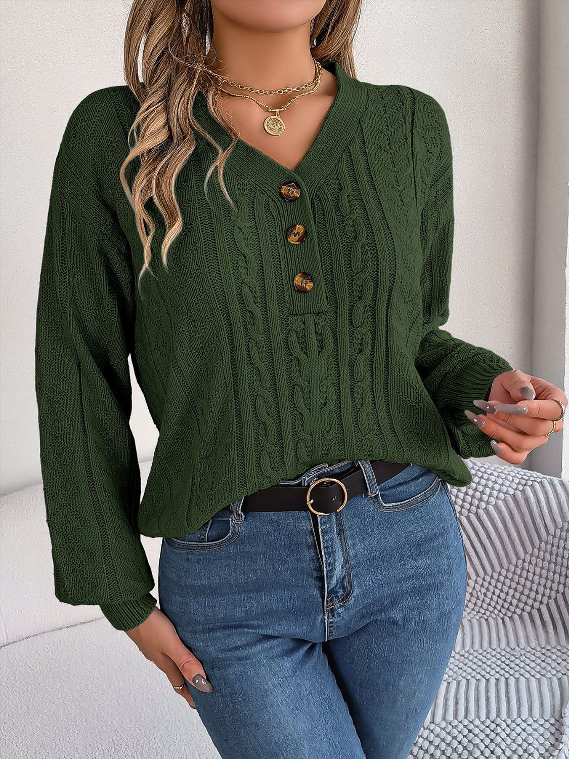 Cable-Knit V-Neck Long Sleeve Sweater  Trendsi   