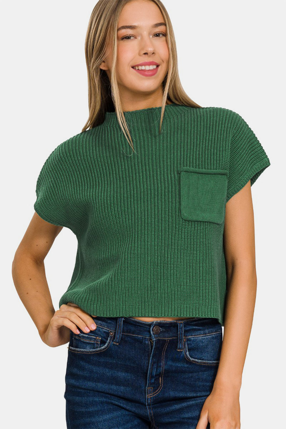 Zenana Mock Neck Short Sleeve Cropped Sweater  Trendsi DK GREEN S 